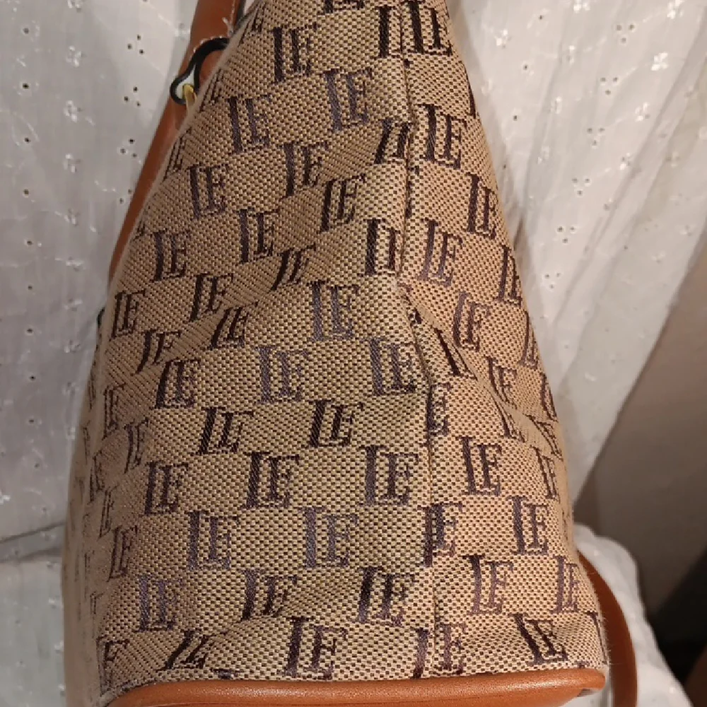 Brown Patterned Tote Bag with Tan Trim